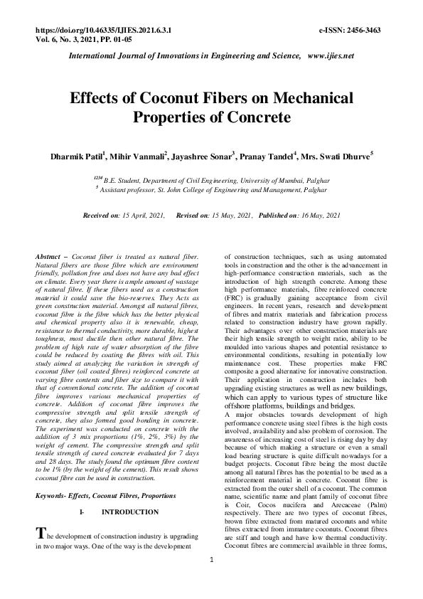 (PDF) Effects of Coconut Fibers on Mechanical Properties of Concrete
