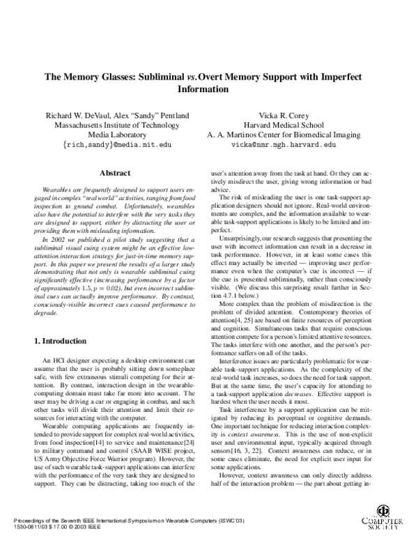 (PDF) The memory glasses: subliminal vs. overt memory support with ...