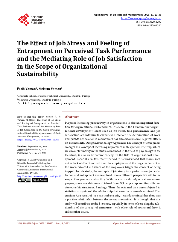 (PDF) The Effect of Job Stress and Feeling of Entrapment on Perceived ...