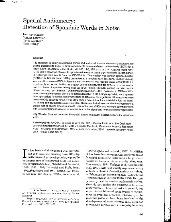 (PDF) Spatial audiometry: detection of spondaic words in noise