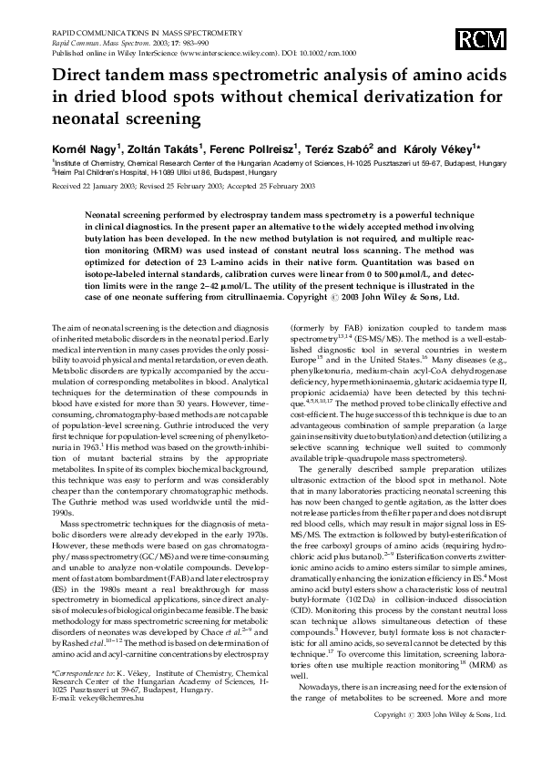 (PDF) Direct tandem mass spectrometric analysis of amino acids in dried ...