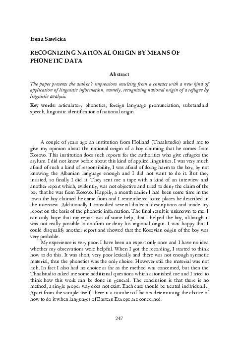(PDF) Recognizing national origin by means of phonetic data