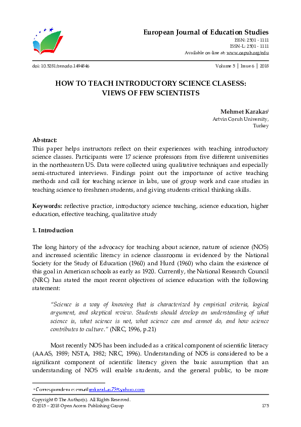 (PDF) How to Teach Introductory Science Clasess: Views of Few Scientists