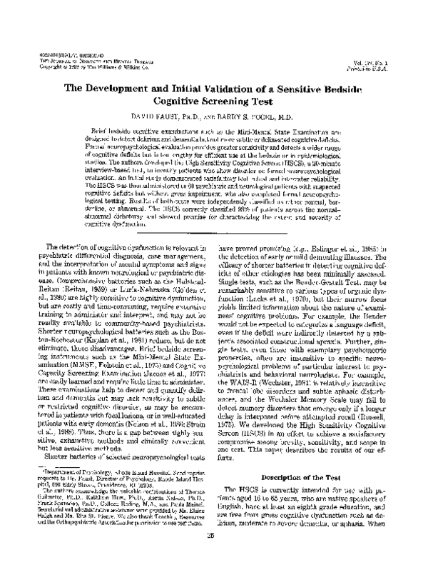 (PDF) The Development and Initial Validation of a Sensitive Bedside ...