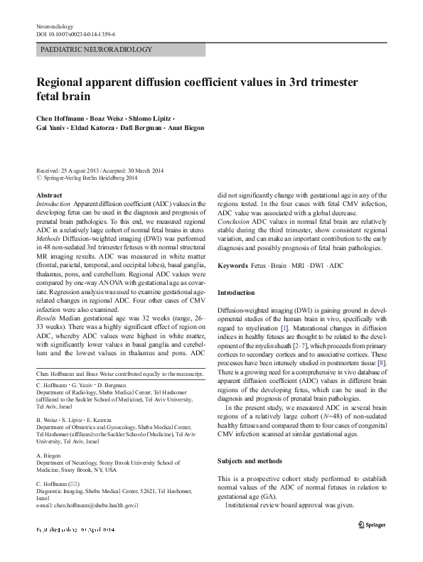 (PDF) Regional apparent diffusion coefficient values in 3rd trimester ...