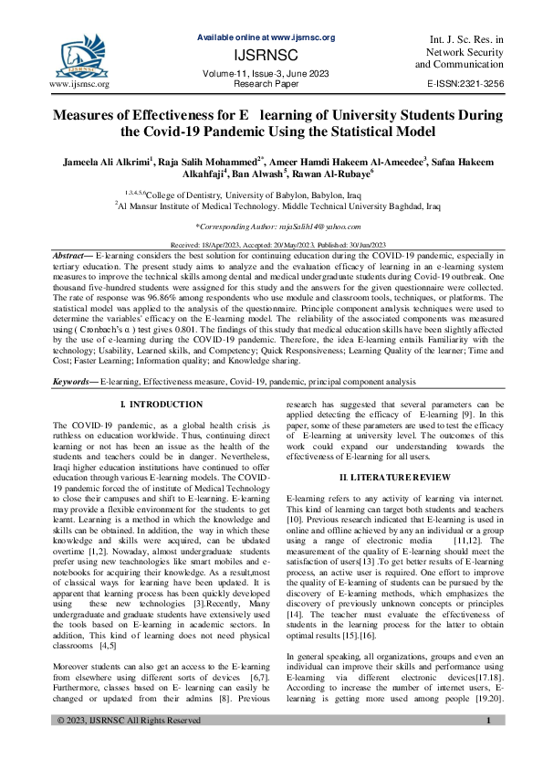(PDF) Measures of Effectiveness for E learning of University Students ...