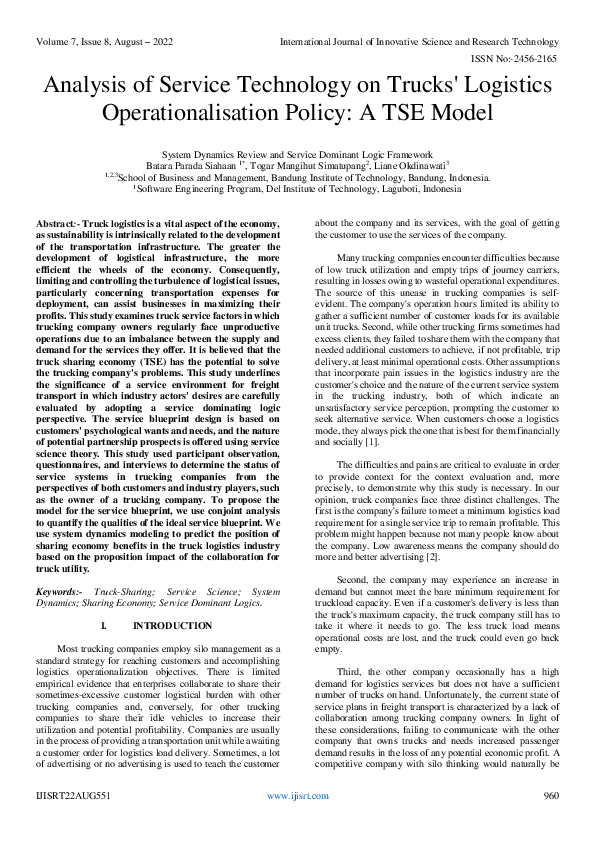 (PDF) Truck Logistics: TSE Model Analysis