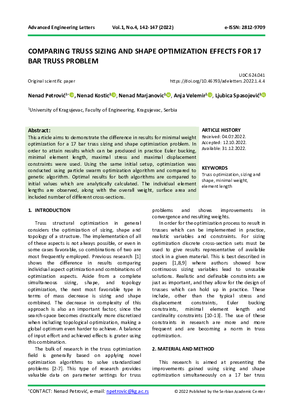 (PDF) Comparing Truss Sizing and Shape Optimization Effects for 17 Bar ...