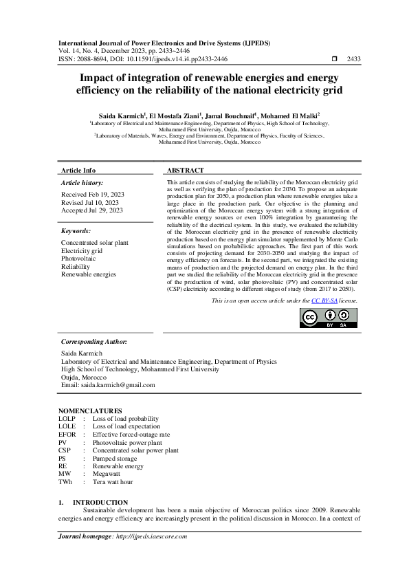 Impact of integration of renewable energies and energy efficiency on the reliability of the national electricity grid