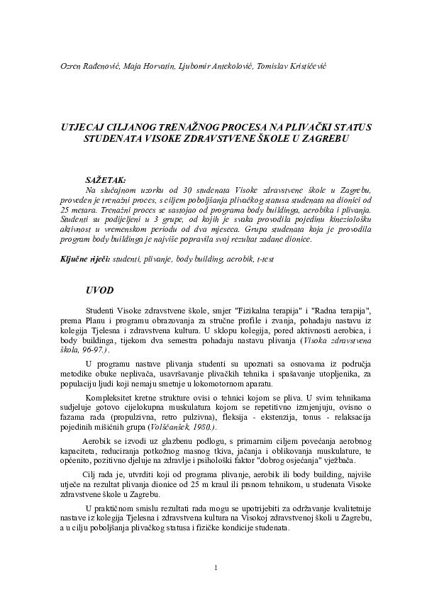 Impact of targeted training process on swimming status of students of the High medical school in Zagreb