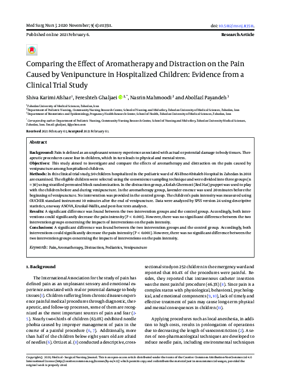 (PDF) Comparing the Effect of Aromatherapy and Distraction on the Pain ...