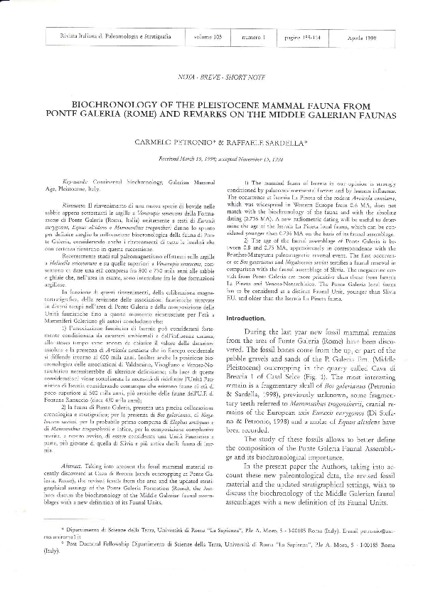 (PDF) Biochronology of the Pleistocene Mammal Fauna from Ponte Galeria ...