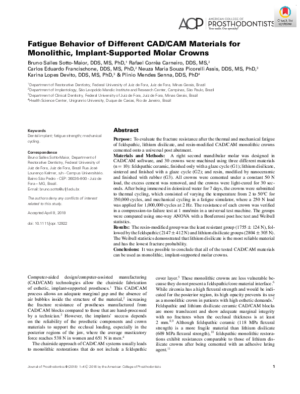 (PDF) Fatigue Behavior of Different CAD/CAM Materials for Monolithic ...
