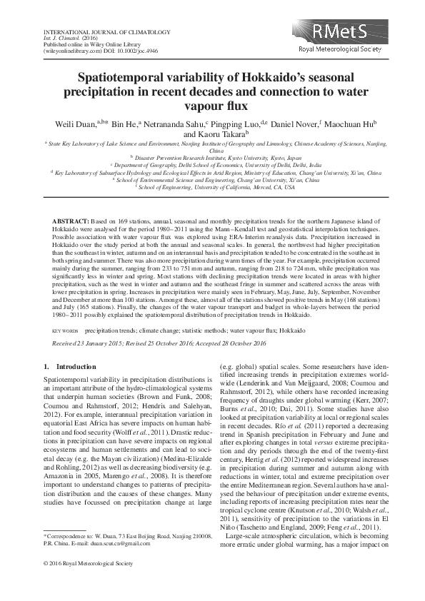 (PDF) Spatiotemporal variability of Hokkaido's seasonal precipitation ...