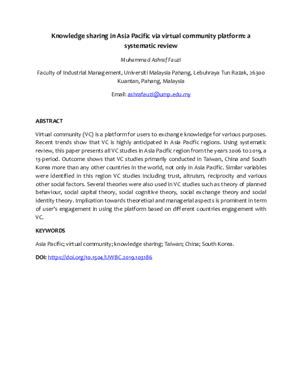 (PDF) Knowledge sharing in Asia Pacific via Virtual community platform ...
