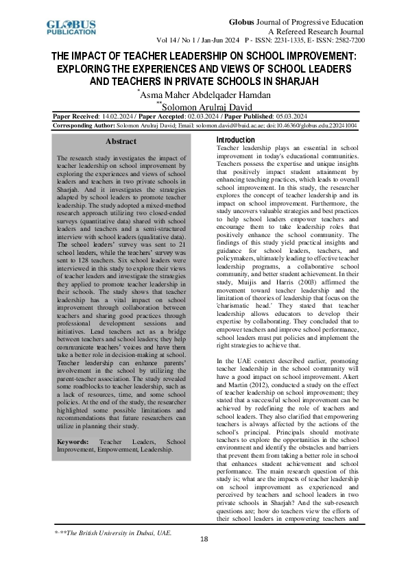 (PDF) THE IMPACT OF TEACHER LEADERSHIP ON SCHOOL IMPROVEMENT: EXPLORING ...