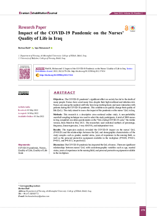 (PDF) Impact of the COVID-19 Pandemic on the Nurses’ Quality of Life in ...