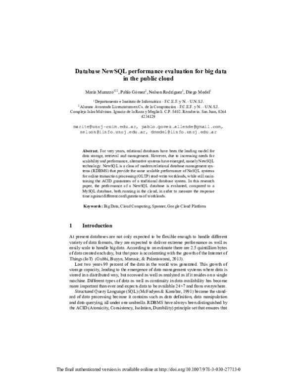 (PDF) Database NewSQL Performance Evaluation for Big Data in the Public ...