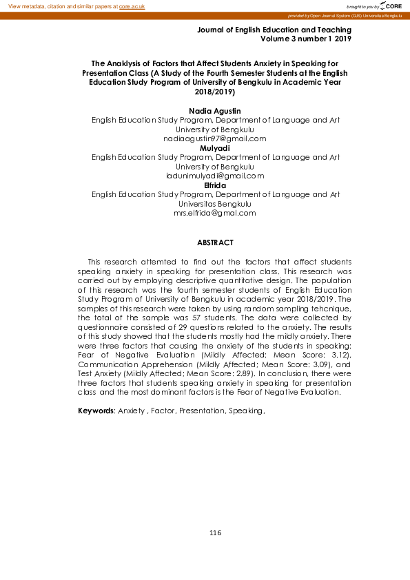 (PDF) The Analysis of Factors that Affect Students Anxiety in Speaking ...