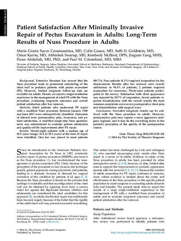 (PDF) Patient Satisfaction After Minimally Invasive Repair of Pectus ...