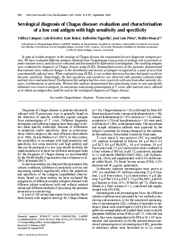 (PDF) Serological diagnosis of Chagas disease: evaluation and ...