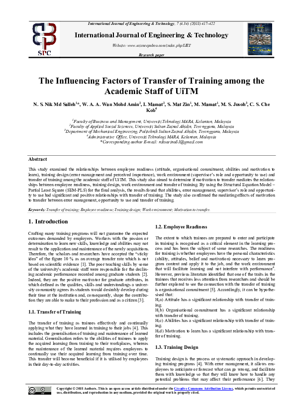 (PDF) The Influencing Factors of Transfer of Training among the ...