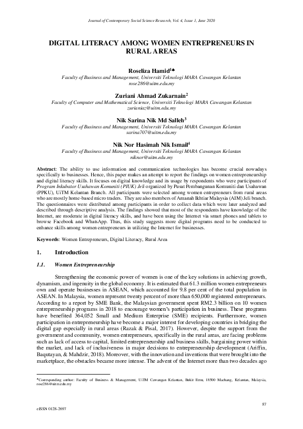 (PDF) Digital Literacy among Women Entrepreneurs in Rural Areas