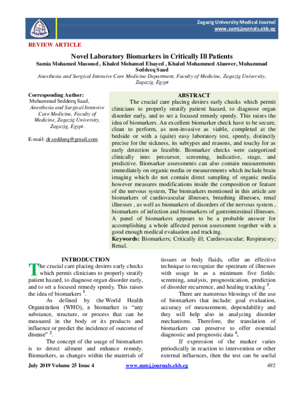 (PDF) Novel Laboratory Biomarkers in Critically Ill Patients | Muhammad ...