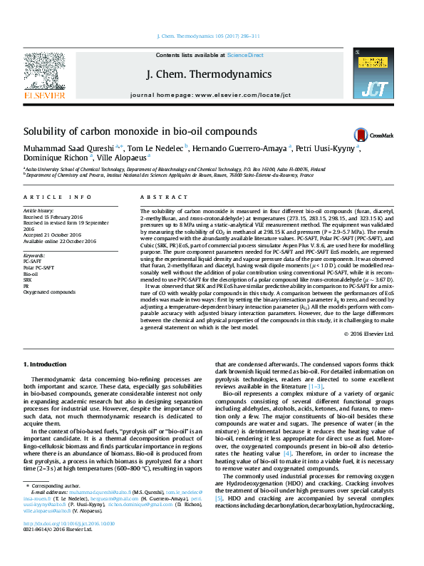 (PDF) Solubility of carbon monoxide in bio-oil compounds