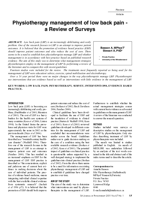 (PDF) Physiotherapy management of low back pain - a review of surveys