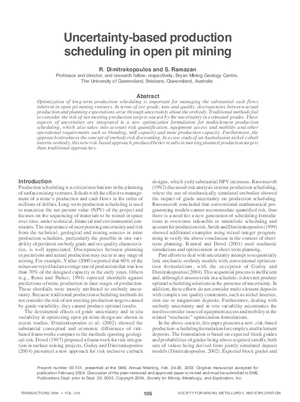 (PDF) Uncertainty-based production schedulin in open pit mining