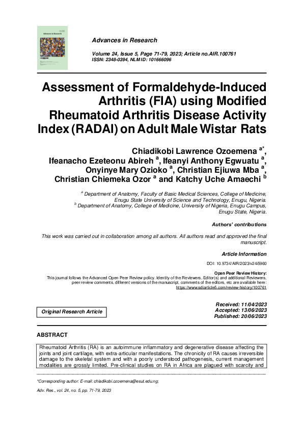 (PDF) Assessment of Formaldehyde-Induced Arthritis (FIA) using Modified ...