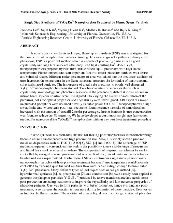 (PDF) Single Step Synthesis of Y2O3:Eu3+ Nanophosphor Prepared by Flame ...