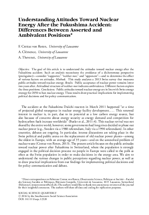 (PDF) Understanding Attitudes Toward Nuclear Energy After the Fukushima ...