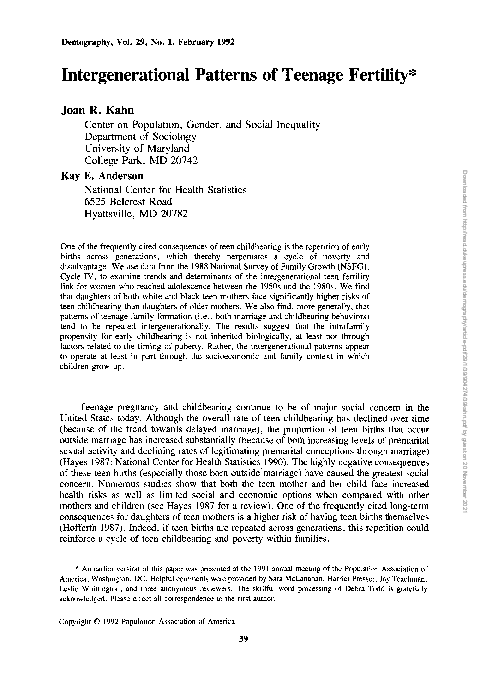 (PDF) Intergenerational patterns of teenage fertility