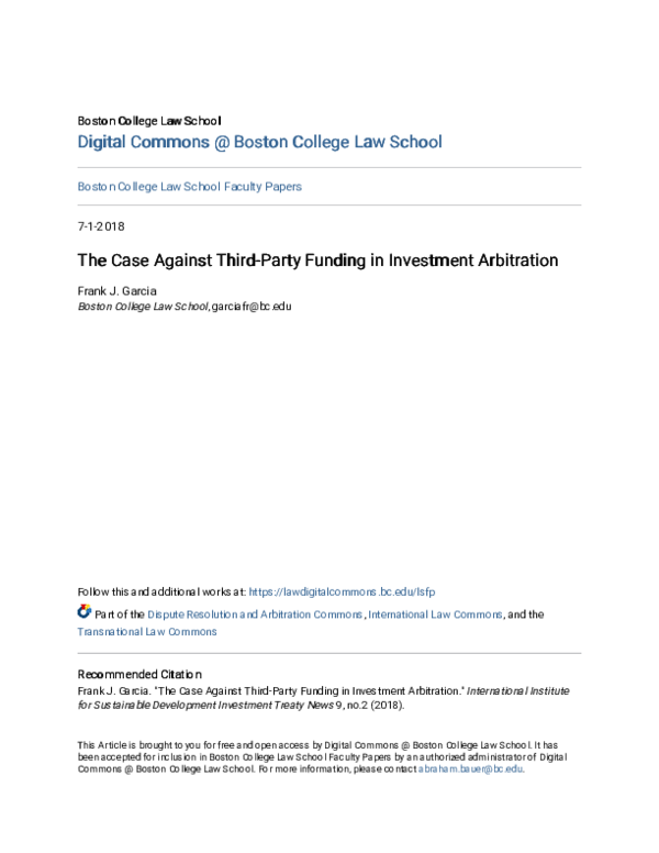 (PDF) The Case Against Third-Party Funding in Investment Arbitration