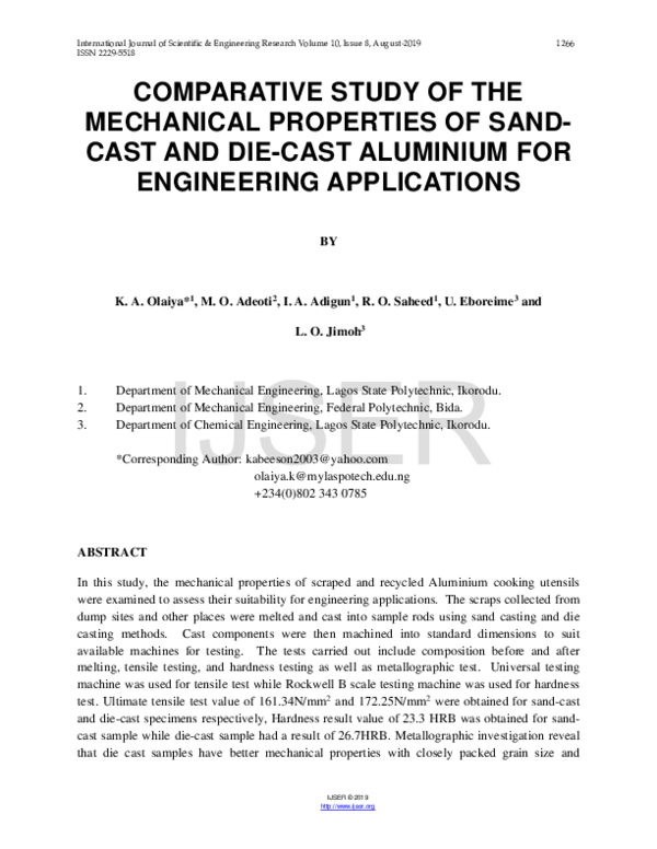 (PDF) COMPARATIVE STUDY OF THE MECHANICAL PROPERTIES OF SAND-CAST AND ...