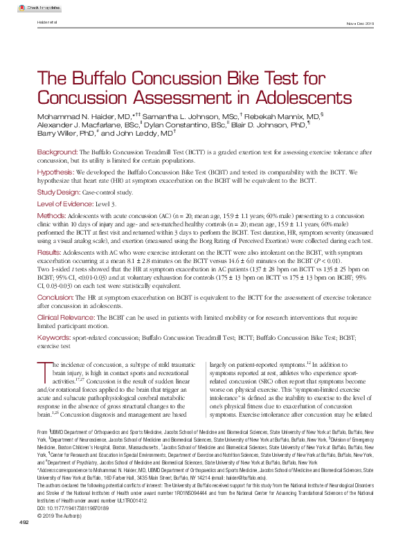 (PDF) The Buffalo Concussion Bike Test for Concussion Assessment in ...