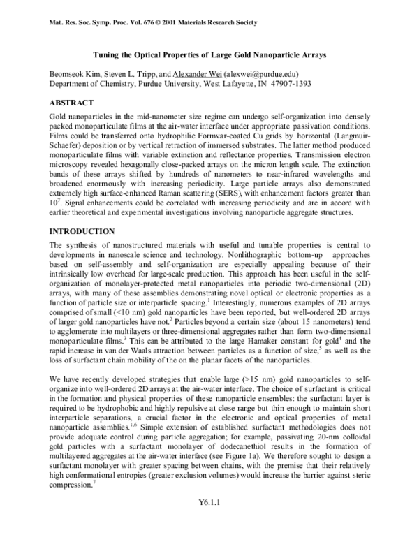 (PDF) Tuning the Optical Properties of Large Gold Nanoparticle Arrays