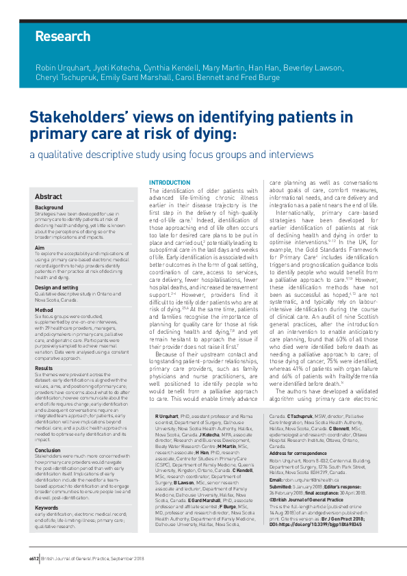 Stakeholders' views on identifying patients in primary care at risk of dying: a qualitative descriptive study using focus groups and interviews
