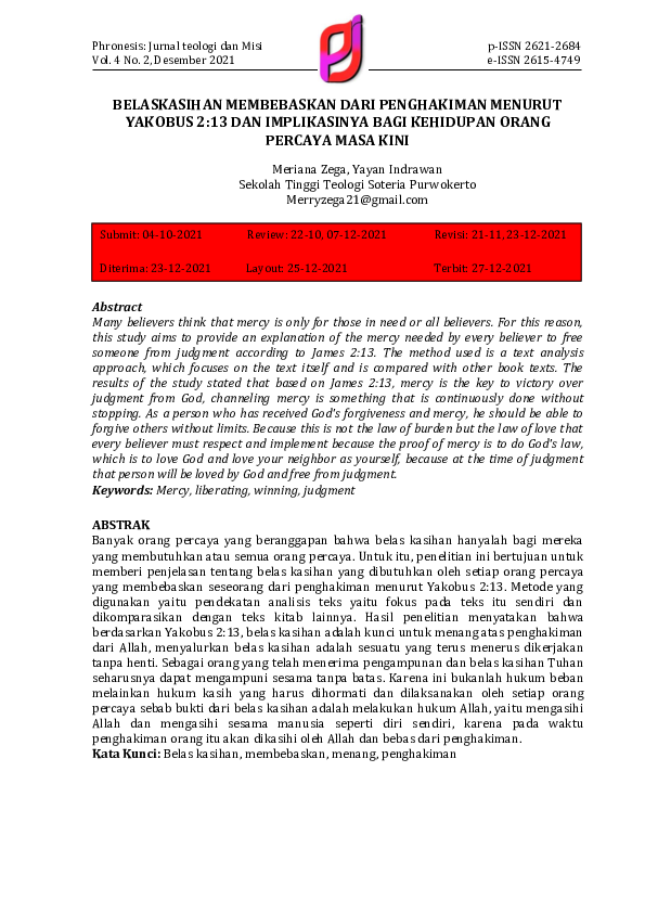 Belaskasihan Membebaskan Dari Penghakiman Menurut Yakobus 2:13 Dan Implikasinya Bagi Kehidupan Orang Percaya Masa Kini