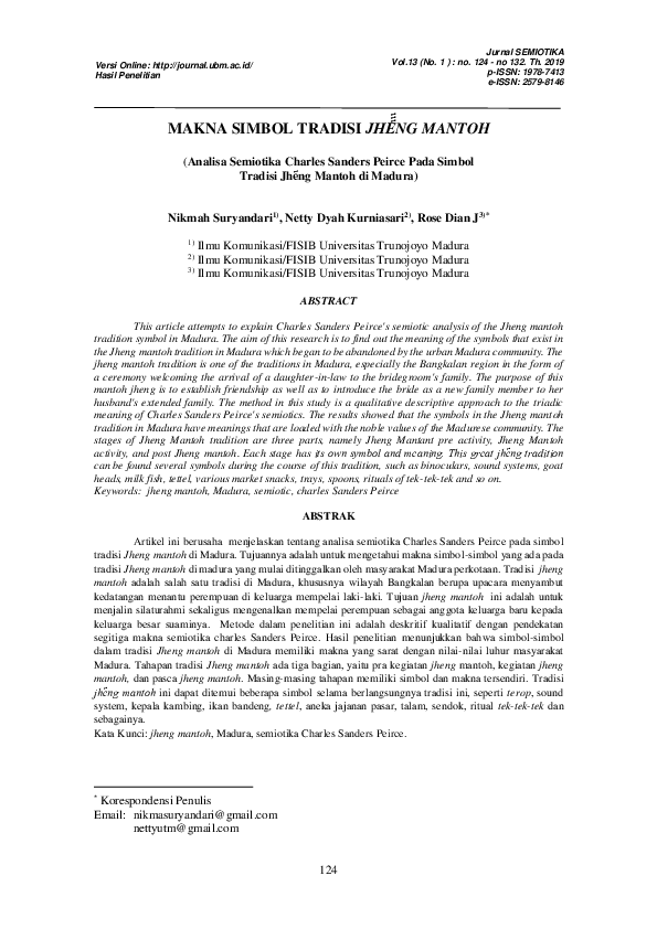 (PDF) MAKNA SIMBOL TRADISI JHE҃҃҃҃҃҃҃҃҃NG MANTOH (Analisa Semiotika ...