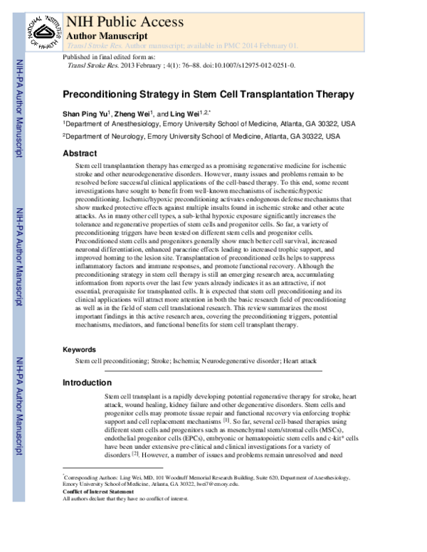 (PDF) Preconditioning Strategy in Stem Cell Transplantation Therapy