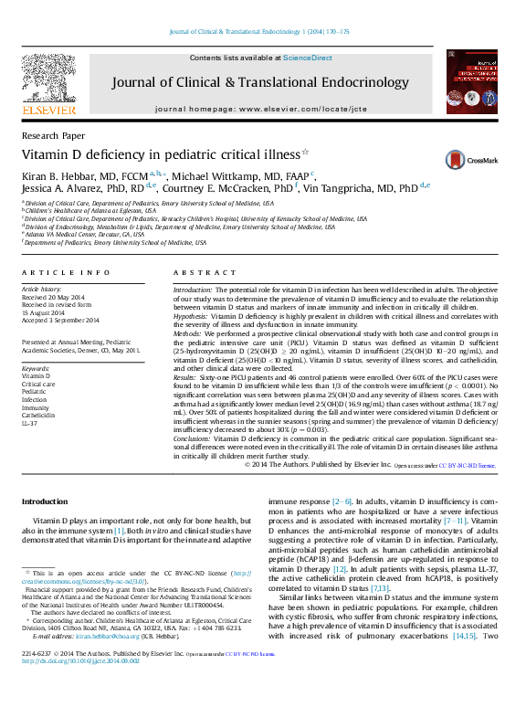 (PDF) Vitamin D deficiency in pediatric critical illness