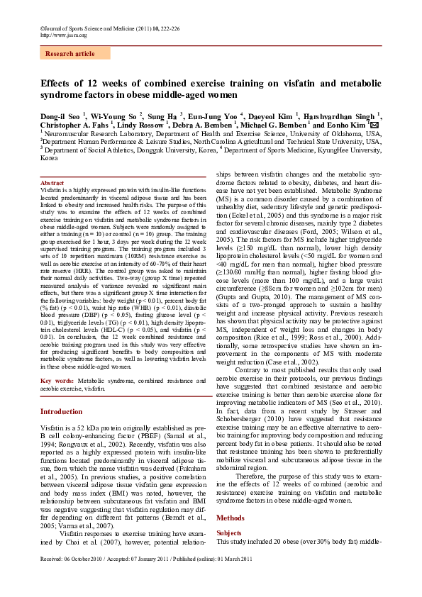 (PDF) Effects of 12 weeks of combined exercise training on visfatin and ...