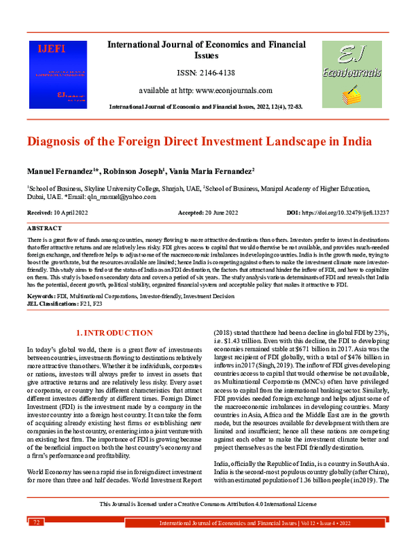 (PDF) Diagnosis of the Foreign Direct Investment Landscape in India