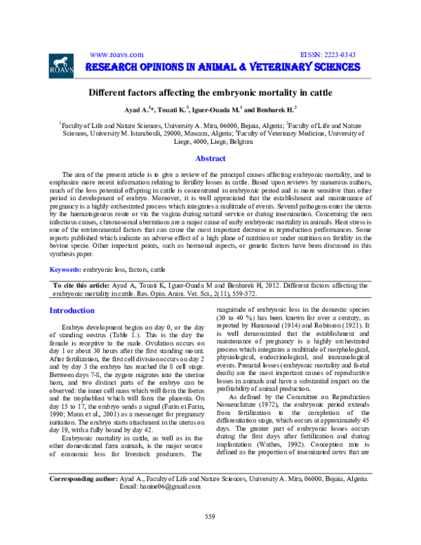 (PDF) Different factors affecting the embryonic mortality in cattle