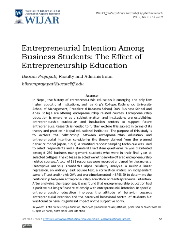 (PDF) Entrepreneurial Intention Among Business Students: The Effect of ...