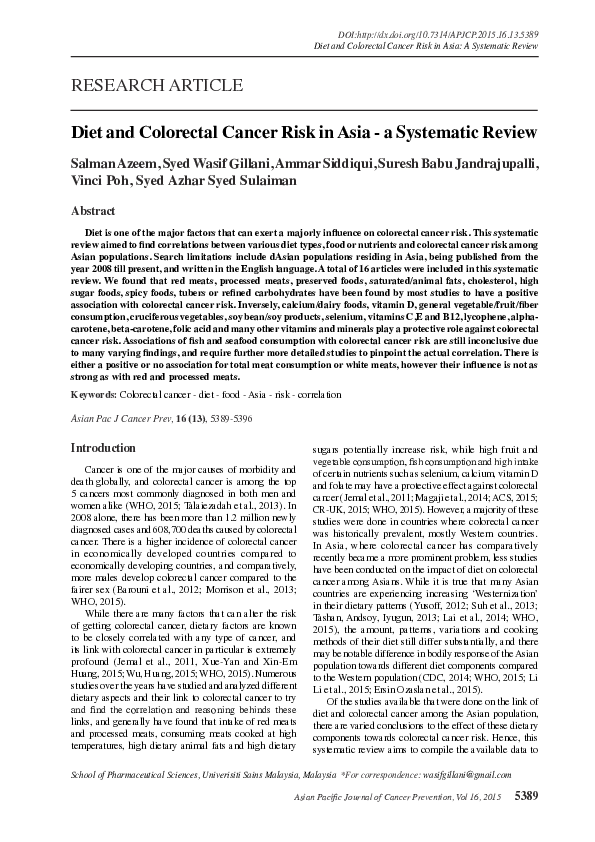 (PDF) Diet and Colorectal Cancer Risk in Asia - a Systematic Review