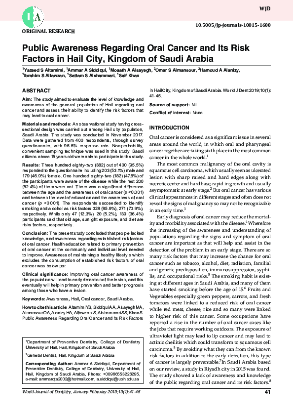 (PDF) Public Awareness Regarding Oral Cancer and Its Risk Factors in ...